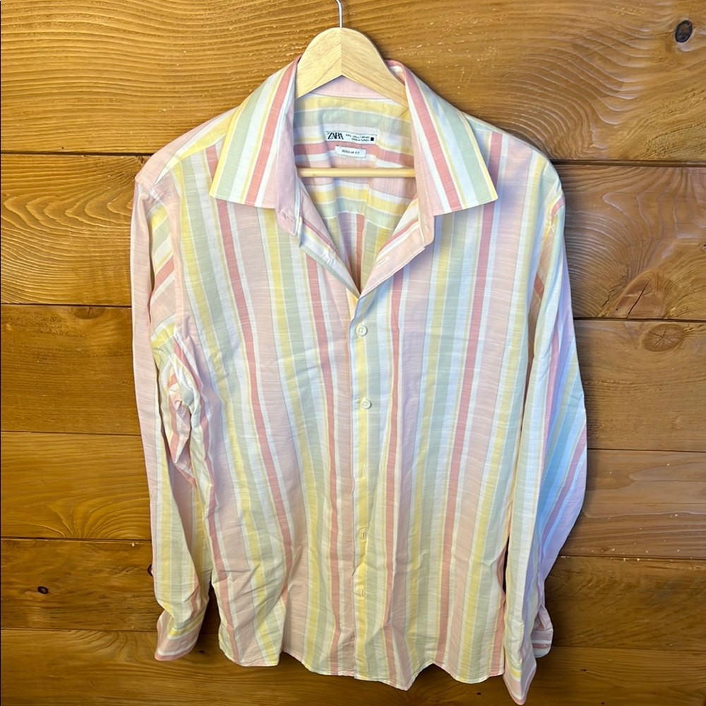Zara Women’s Pink Yellow White Casual Button‎ Up Shirt L Long Sleeve Regular Fit